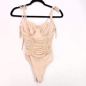 Lulus Mesh Bodysuit Size XS Nude Pink Ruched Pleated Bodice Snap Up